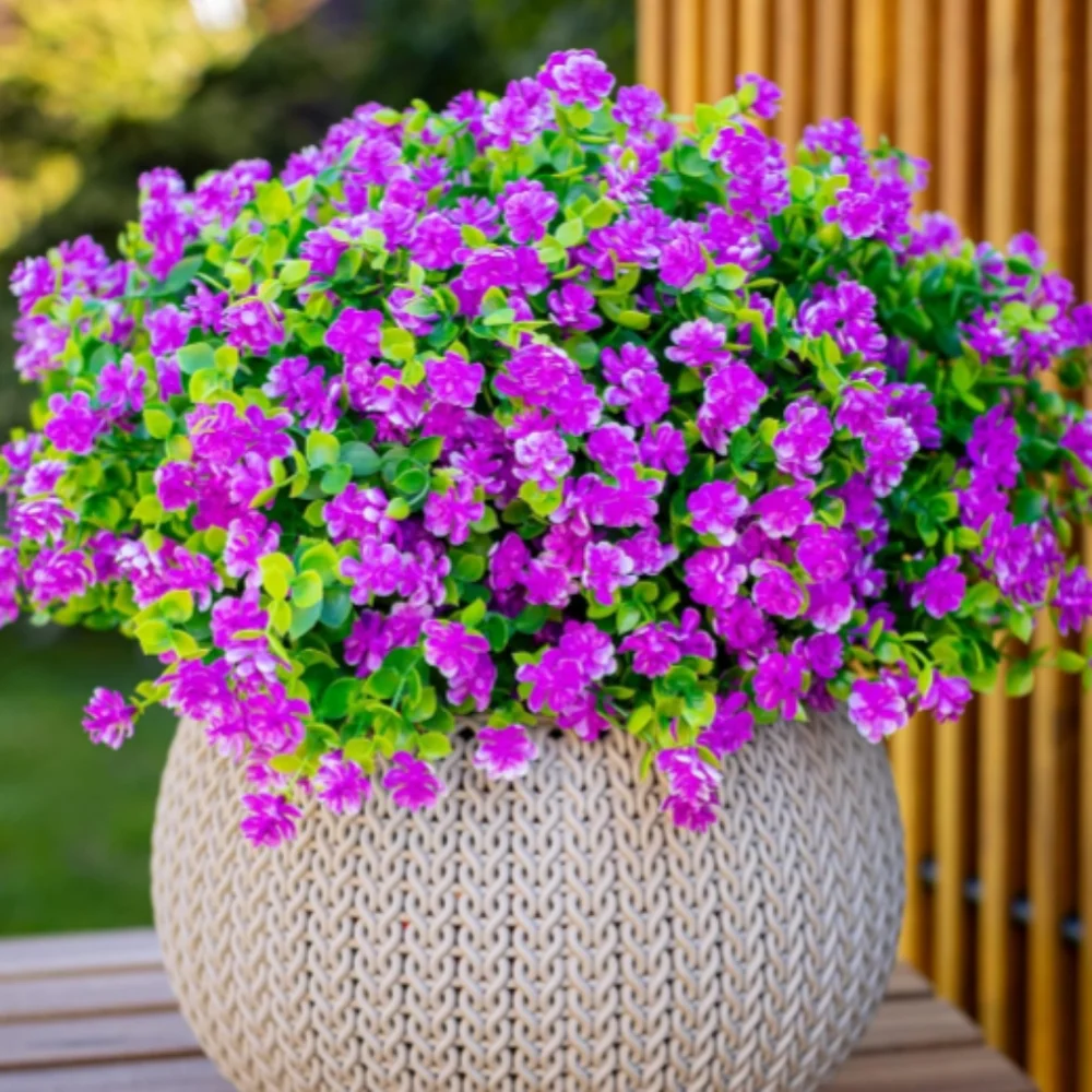 Elegant Knit-Textured Planter with Vibrant Purple Flowers